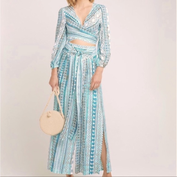 Zhu Ulma Minty Green Geo Paisley Print Crop Top Pant Set SzXS Wide Leg Side Wrap - Picture 3 of 16